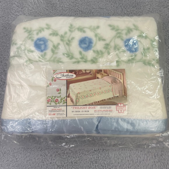 Chatham Other - Vintage Chatham Blanket Unisex Twin/Double White Blue Twilight Rose Floral Rayon